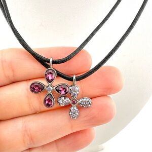 Swarovski Necklace with Crystal Flowers in Pink & Purple with Black Cord